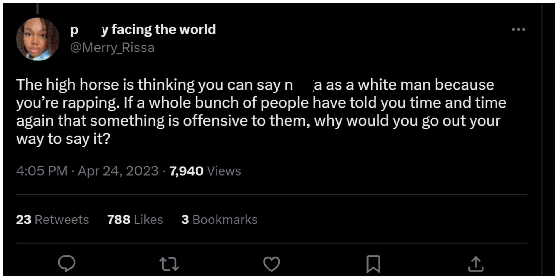 A Twitter user talked about the white man being on a &quot;high horse&quot; that lets him believe he can say &quot;offensive&quot; things because he is rapping (Image via Twitter/BATTLERAPDEMIKS)