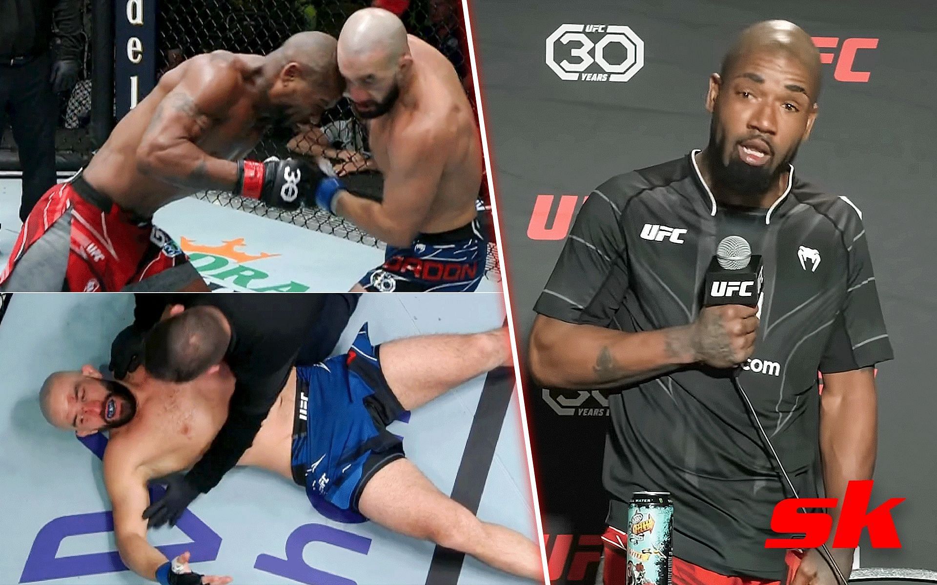 Bobby Green vs. Jared Gordon. [Images courtesy: left images from Twitter @MMAJunkie and right image from YouTube MMA Junkie]