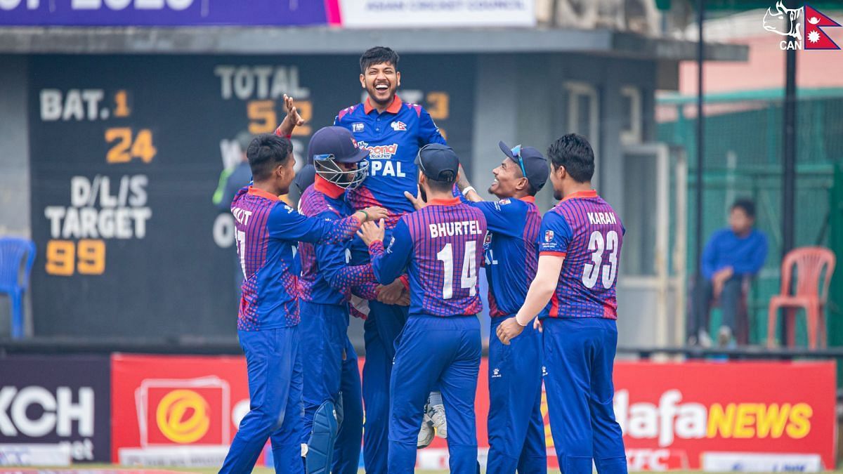 Sandeep Lamichhane celebrating his match winning spell against Oman, Image Courtesy: Twitter/CAN