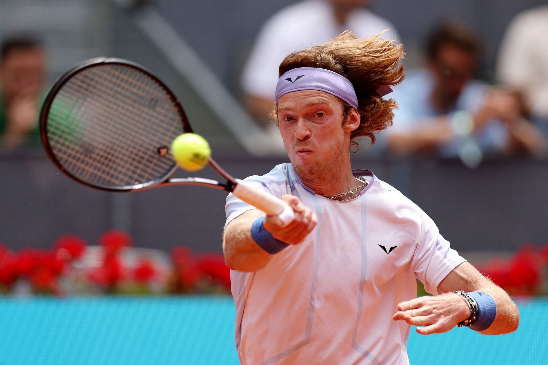Andrey Rublev competes at the 2023 Mutua Madrid Open.