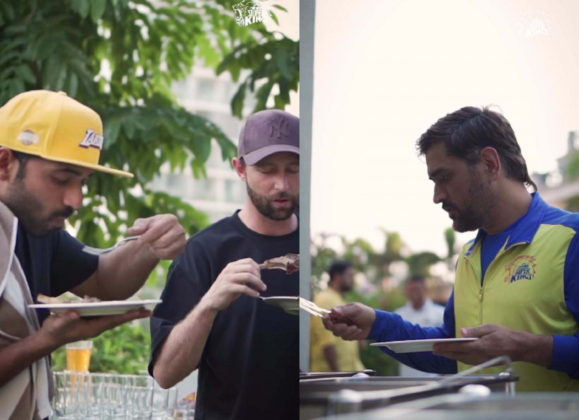 Ajinkya Rahane, Devon Conway, and MS Dhoni during a team event. 