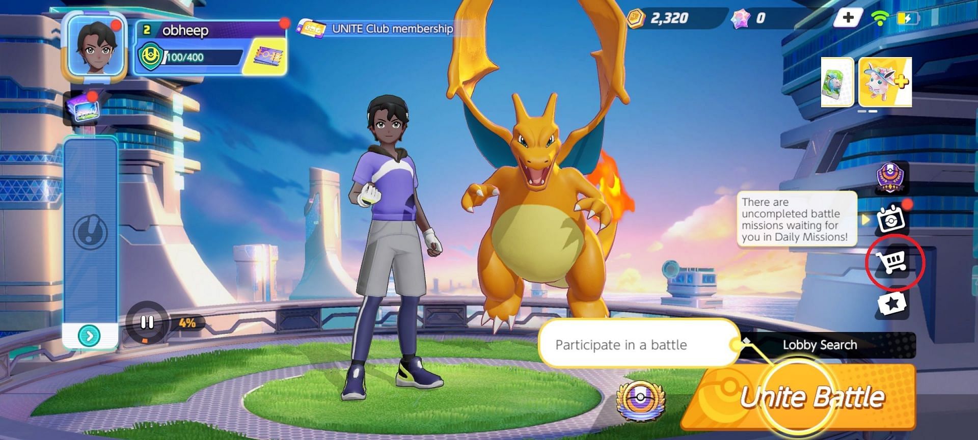 Homepage of the game contains the Shop icon near the bottom left corner (Image via The Pokemon Company)