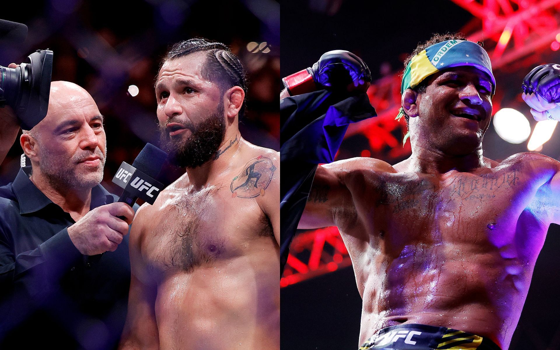 Joe Rogan interviewing Jorge Masvidal (left) and Gilbert Burns (right) (Image credits Getty Images)