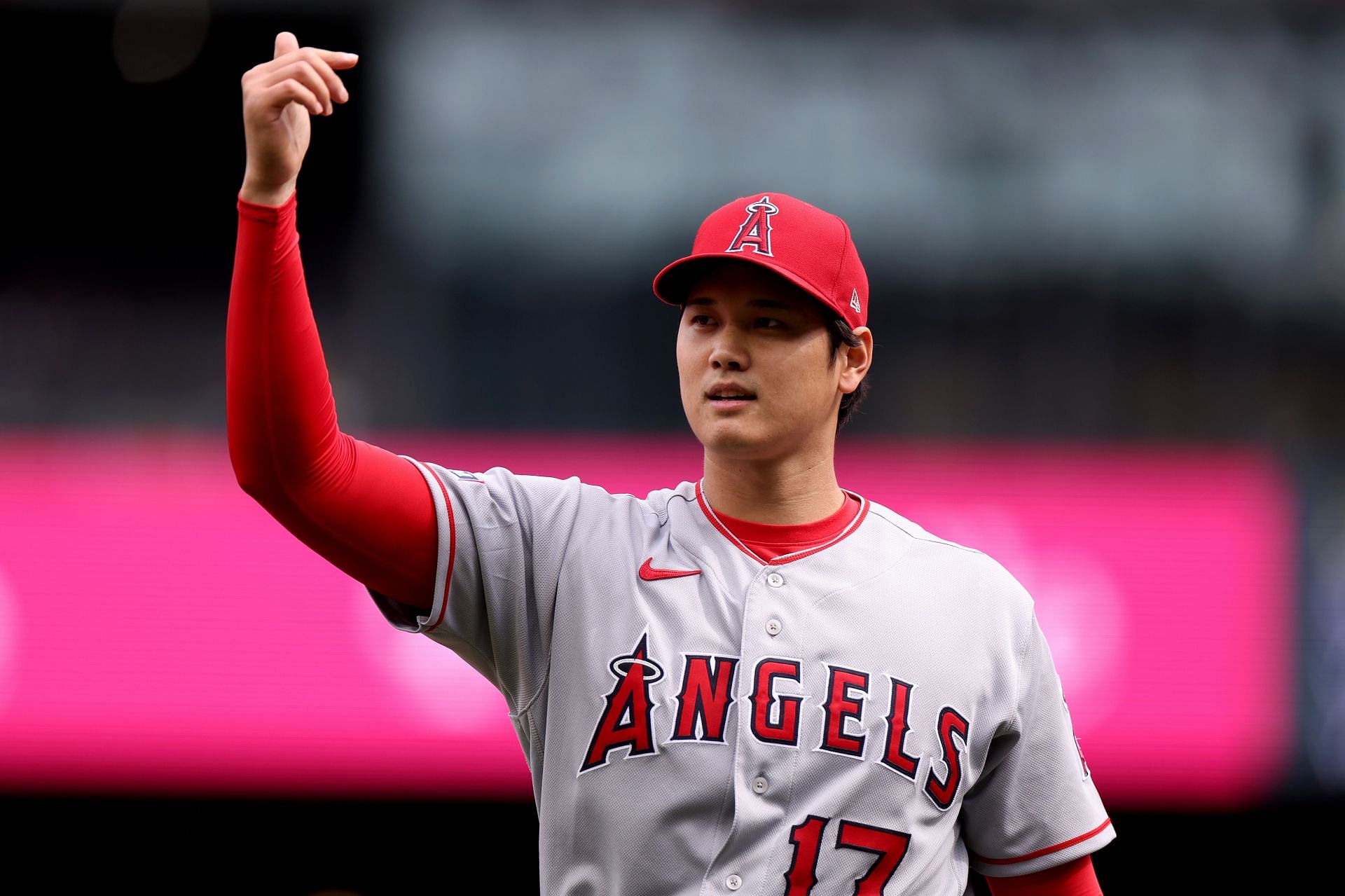 Shohei Ohtani #17 of the Los Angeles Angels reacts during the first inning against the Seattle Mariners