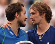 Daniil Medvedev (L) and Alexander Zverev at the 2023 BNP Paribas Open