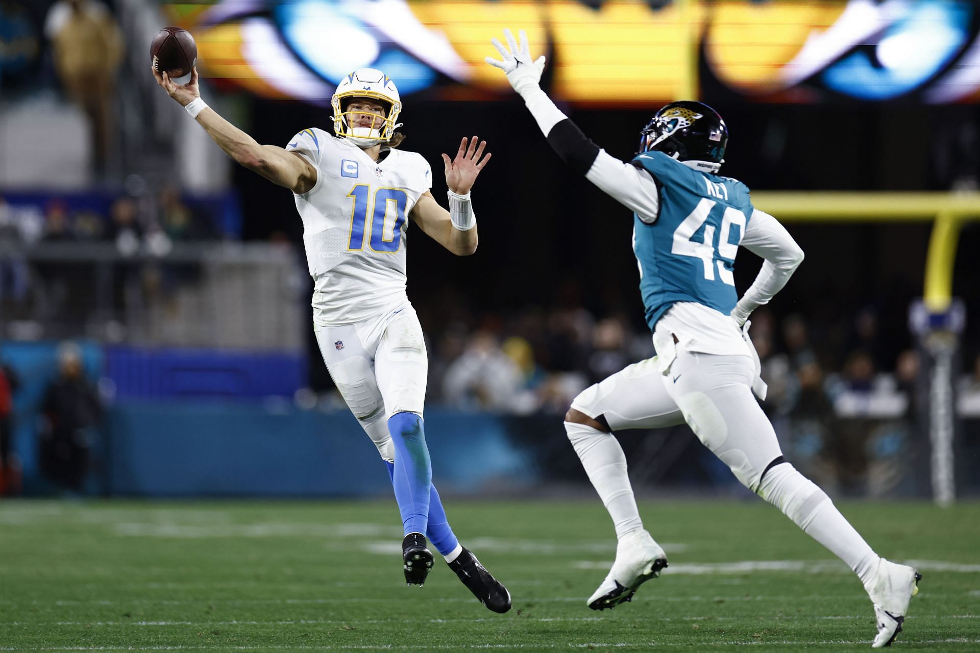 Justin Herbert during AFC Wild Card Playoffs - Los Angeles Chargers v Jacksonville Jaguars