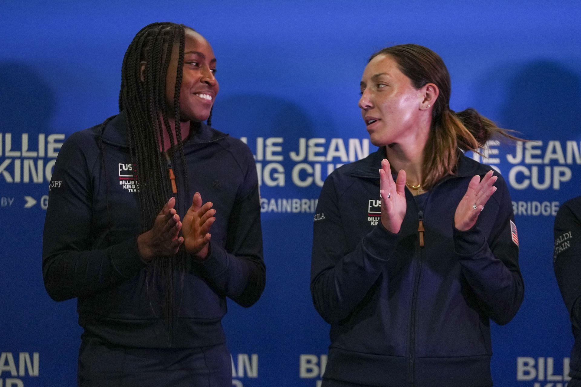 Coco Gauff and Jessica Pegula at 2023 Billie Jean King Cup Qualifiers draw ceremony.