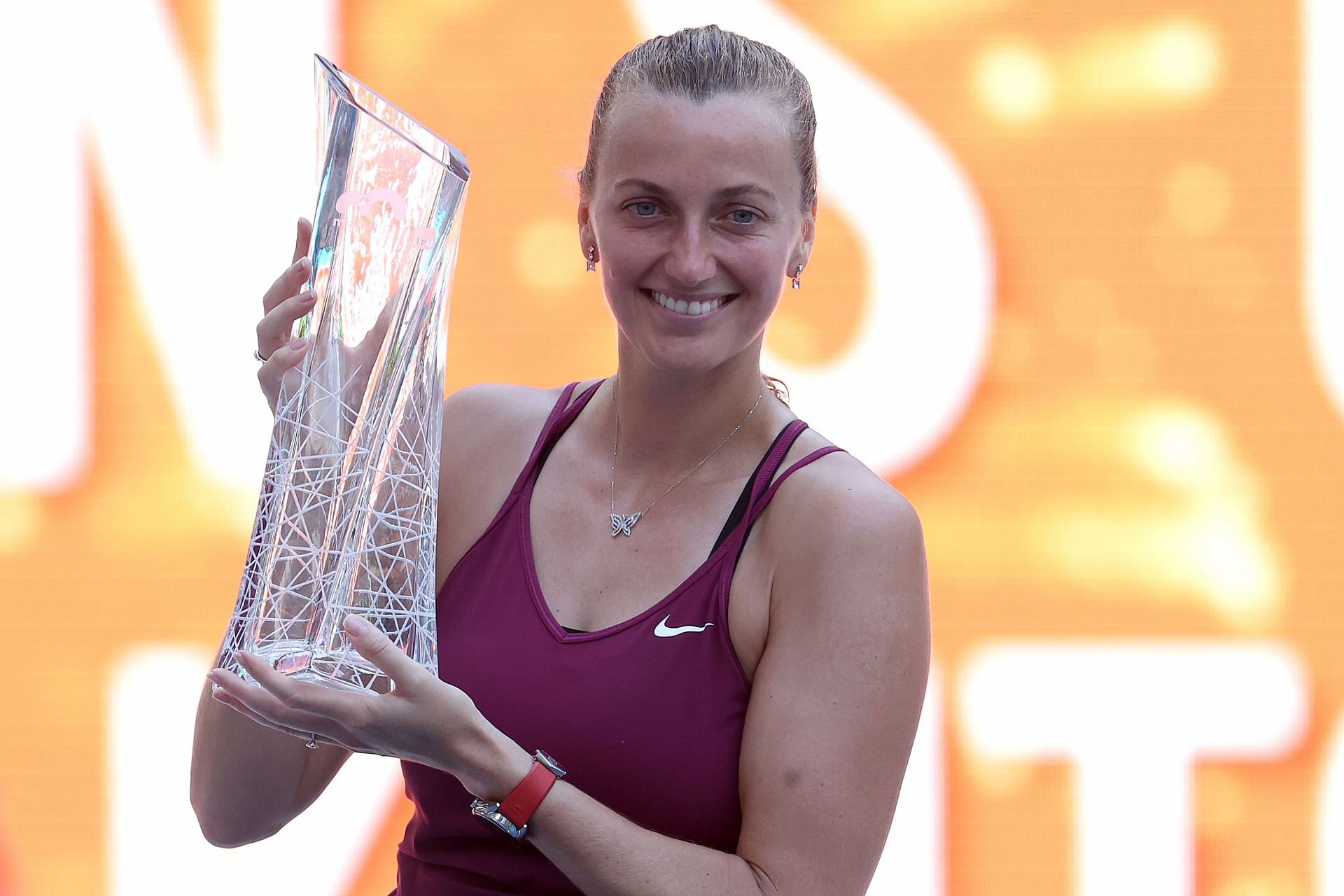 Petra Kvitova with her trophy at the 2023 Miami Open - Day 14