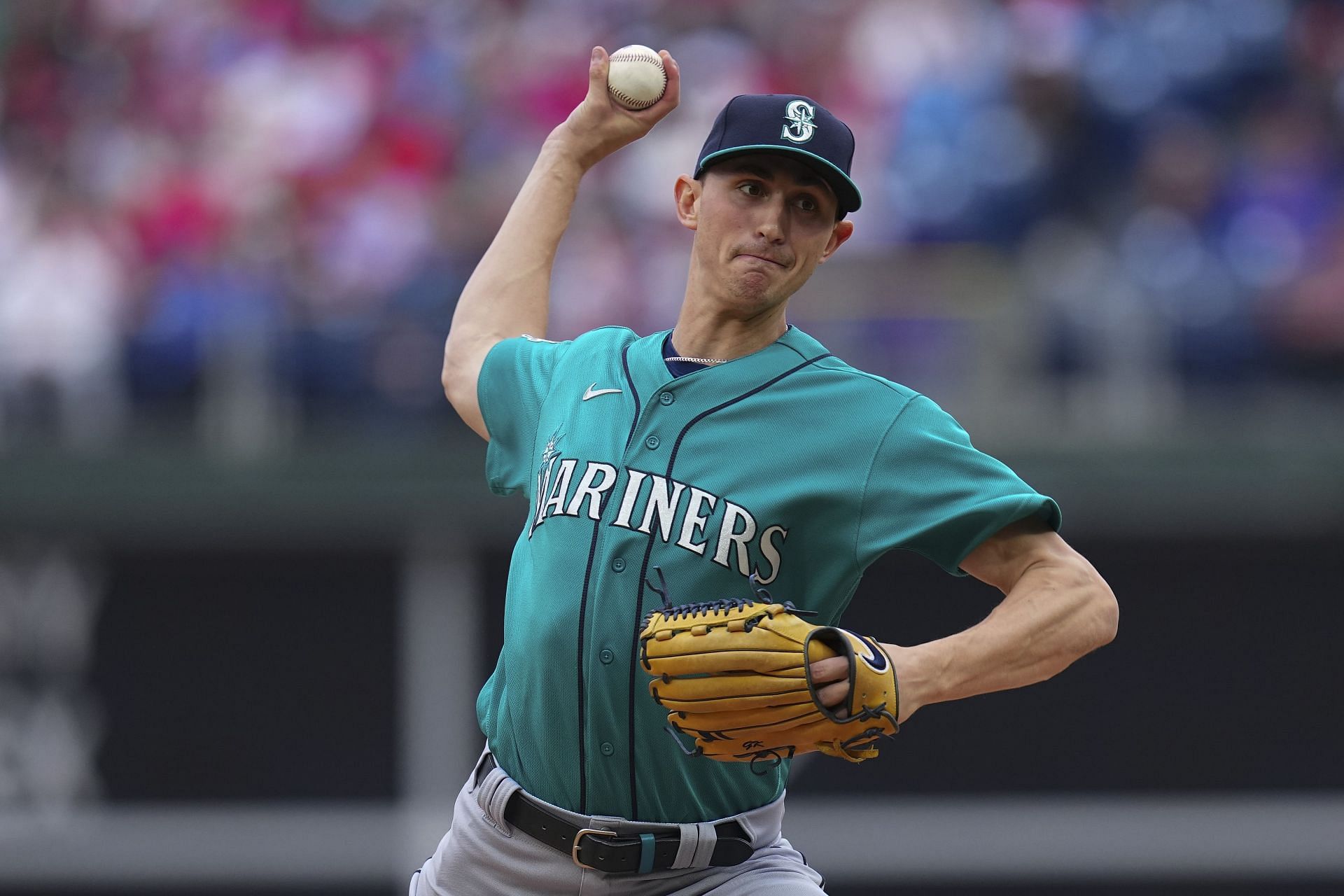 Seattle Mariners' George Kirby looks on during a baseball game