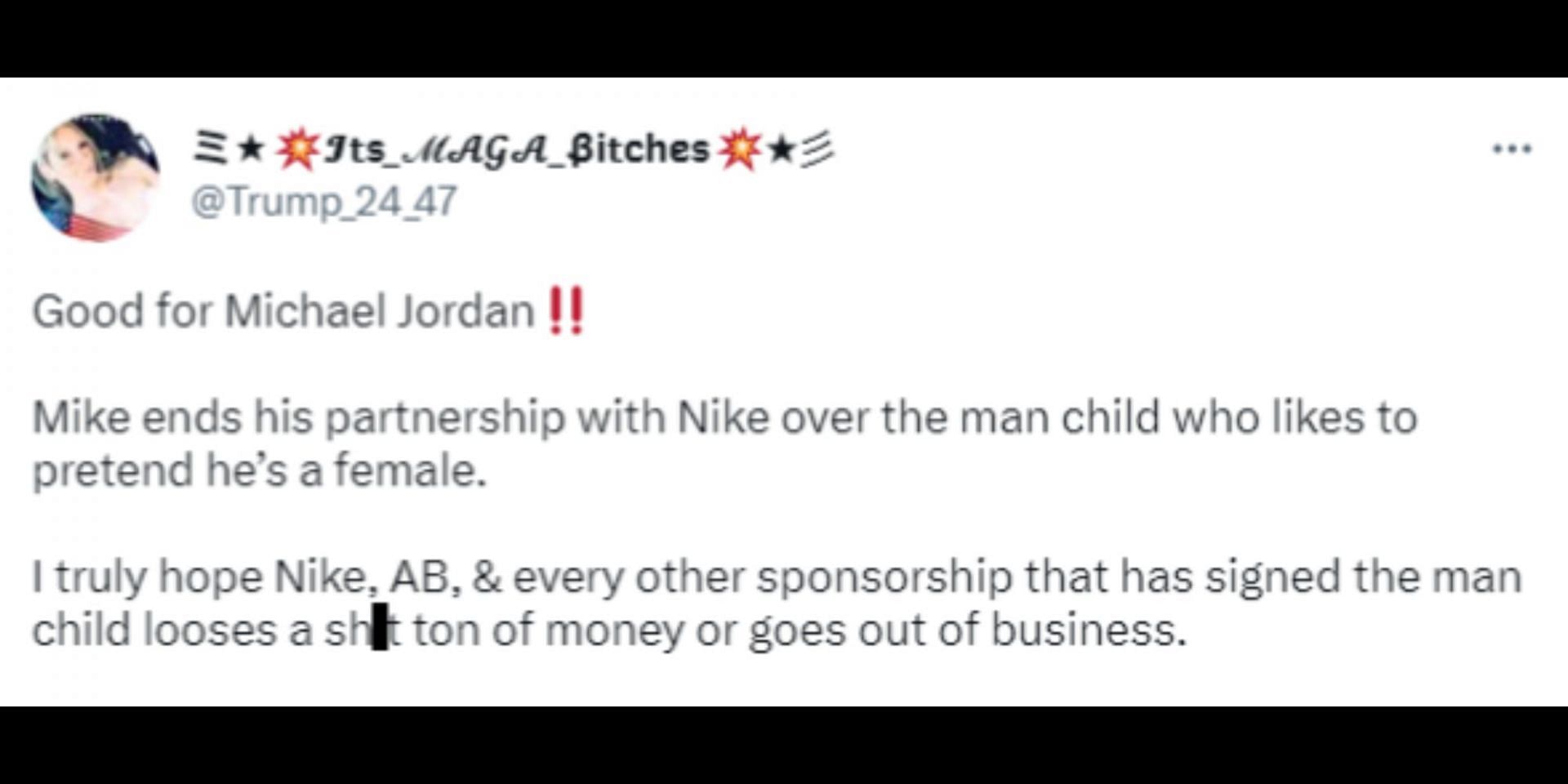Tweet claiming Michael Jordan revoked Nike partnership. (Image via Twitter/@Trump_24_47)