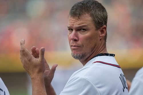 Former Braves player Chipper Jones participates in a pre-game ceremony honoring many Braves alumni players prior the game against the Washington Nationals at Turner Field on August 8, 2014