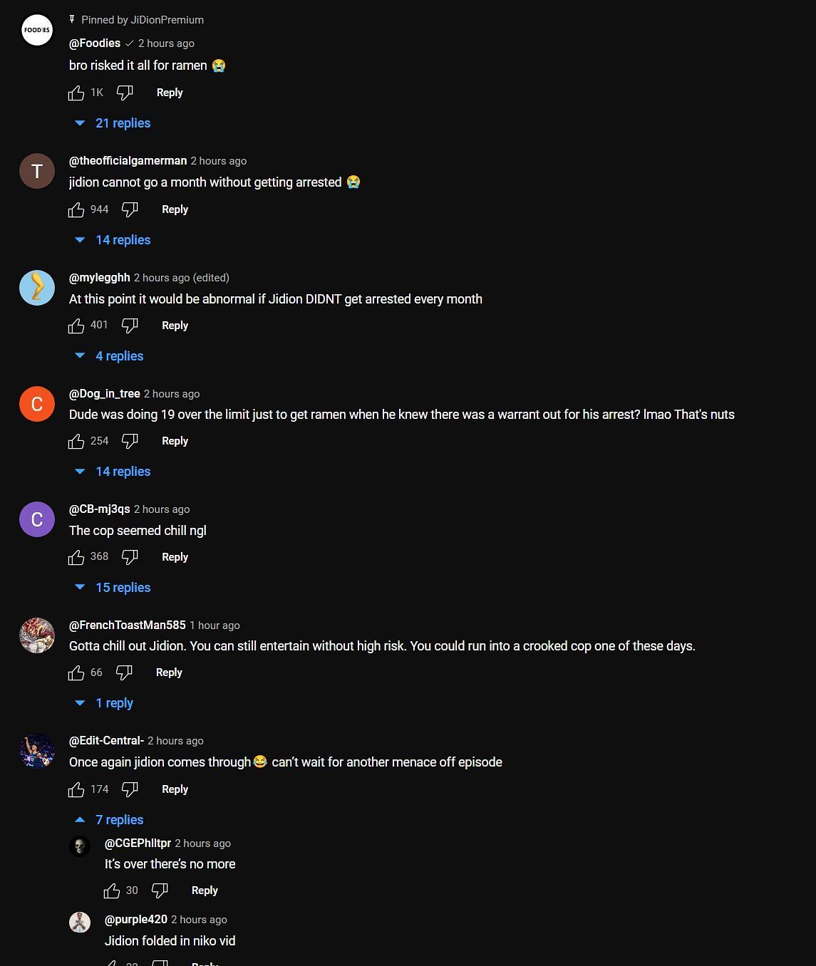 Comments about the arrest (Image via JiDionPremium/YouTube)