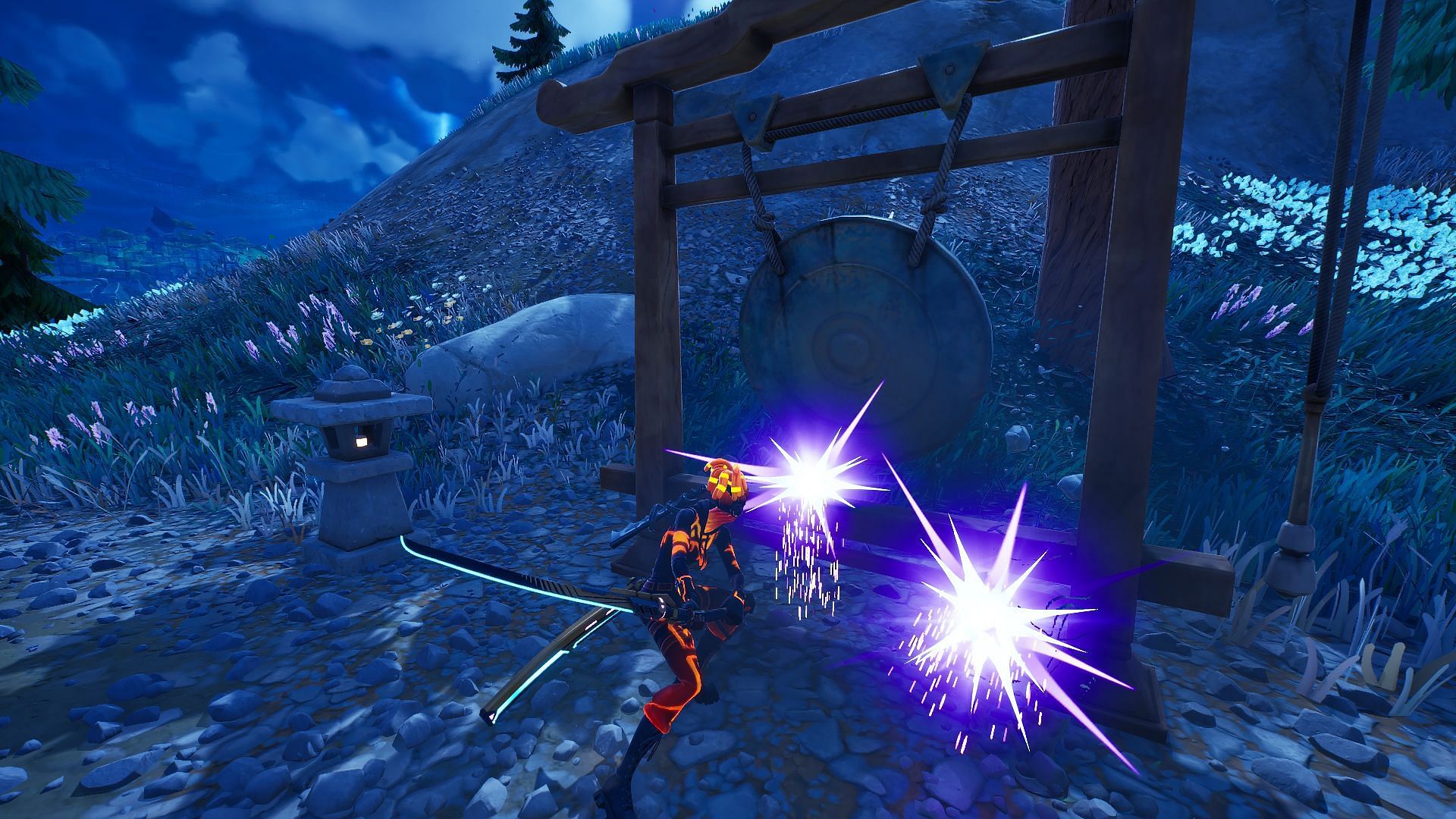 Hit the gong once using either a Harvesting Tool or Kinetic Blade (Image via Epic Games/Fortnite)