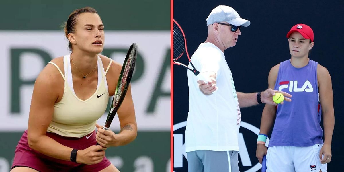 Aryna Sabalenka (L), Ashleigh Barty (R) and her coach Craig Tyzzer