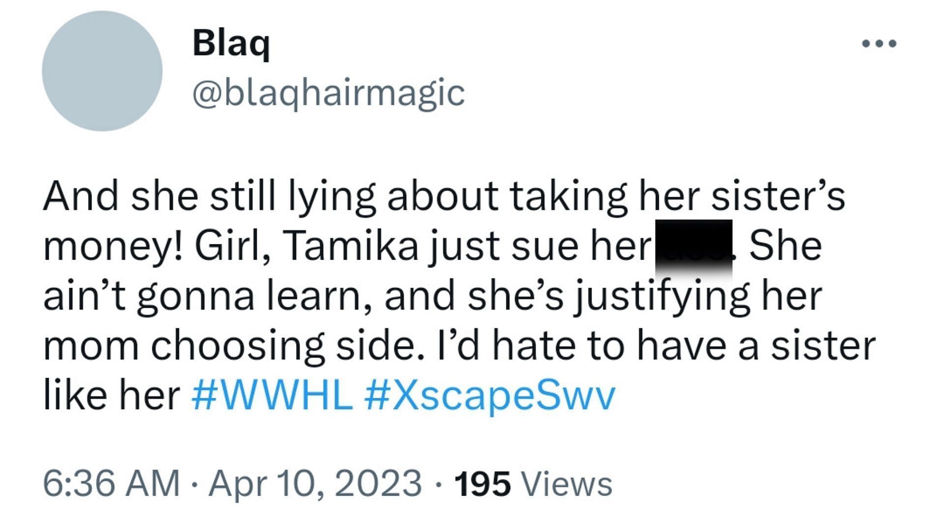 A fan reacts to LaTocha Scott responds to her sister Tamika Scott&#039;s allegations (Image via Twitter/ @blaqhairmagic)