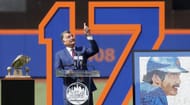 Miami Marlins v New York Mets: NEW YORK, NEW YORK - JULY 09: Former New York Met Keith Hernandez speaks during his jersey retirement ceremony prior to a game against the Miami Marlins at Citi Field on July 09, 2022, in New York City. (Photo by Jim McIsaac/Getty Images)