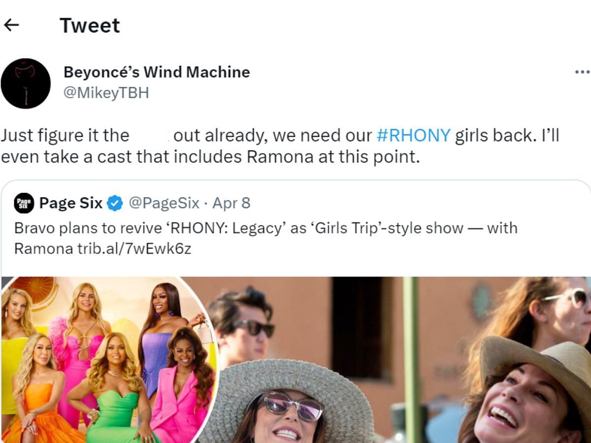 Fans ask Bravo to bring back the RHONY cast (Image via MikeyTBH/ Twitter)