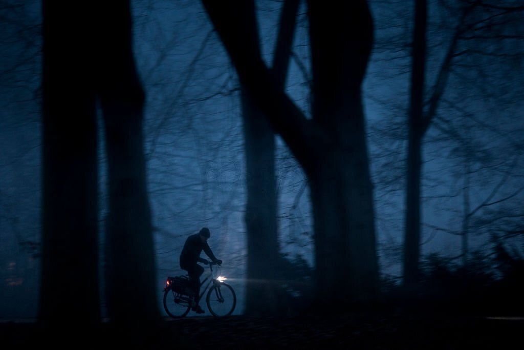  A cyclist rides through a forest during foggy weather on January 10, 2018 in Berlin