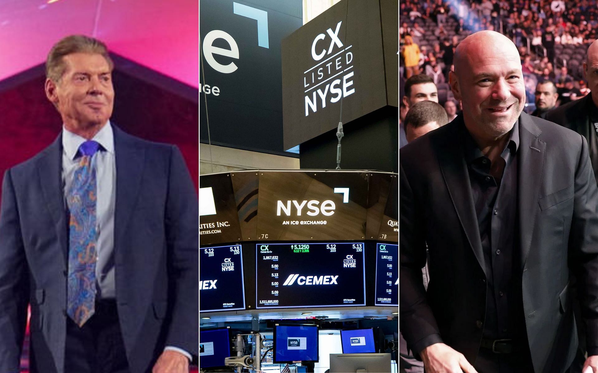 Vince McMahon [Left], NYSE [Middle], and Dana White [Photo credit: wwe.com, and @CEMEX - Twitter]