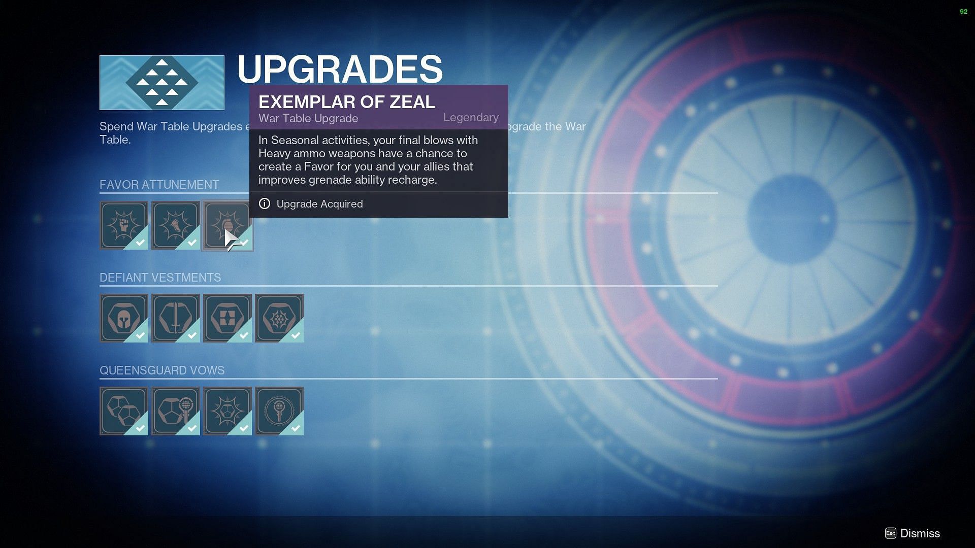 Favors upgrade from the War Table (Image via Destiny 2)