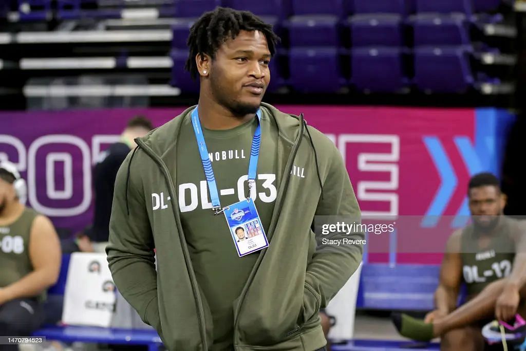 Jalen Carter of Georgia looks on during the NFL Combine at Lucas Oil Stadium on March 02, 2023 in Indianapolis, Indiana