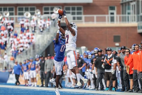  JL Skinner #0 of the Boise State Broncos breaks up a pass intended for wide receiver Ajay Smith #17 of the UT Martin Skyhawks 