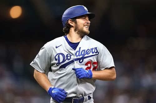 Los Angeles Dodgers v San Diego Padres: SAN DIEGO, CALIFORNIA - JUNE 23: Trevor Bauer #27 of the Los Angeles Dodgers laughs after grounding out in the third inning of a game against the San Diego Padres at PETCO Park on June 23, 2021 in San Diego, California. (Photo by Sean M. Haffey/Getty Images)