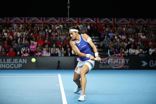 Caroline Garcia in action at the Billie Jean King Cup qualifying round