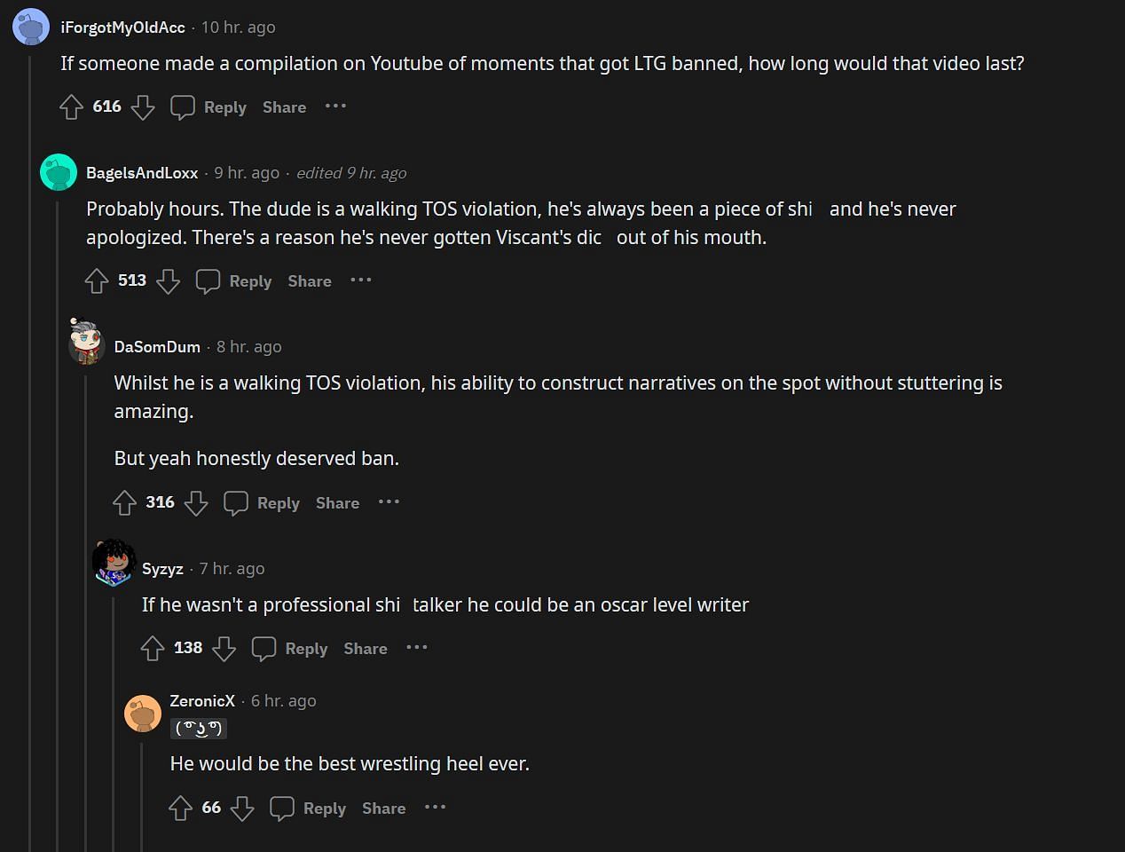 Redditors talking about LTG&#039;s track record (Image via r/LivestreamFail/Reddit)