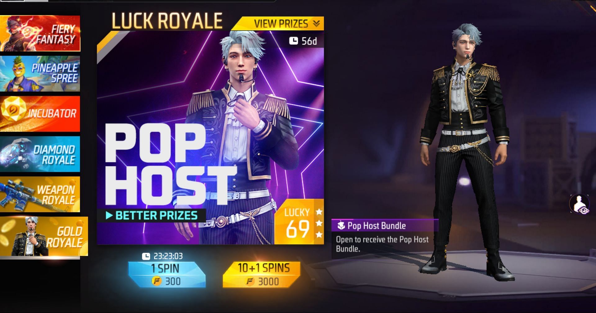 Try spinning using gold to receive the Pop Host bundle in Free Fire MAX (Image via Garena)