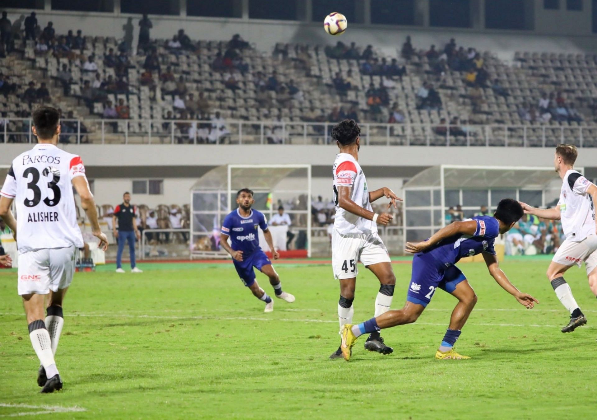 Edwin Vanspaul on the way to scoring a neat volley against NorthEast United FC.