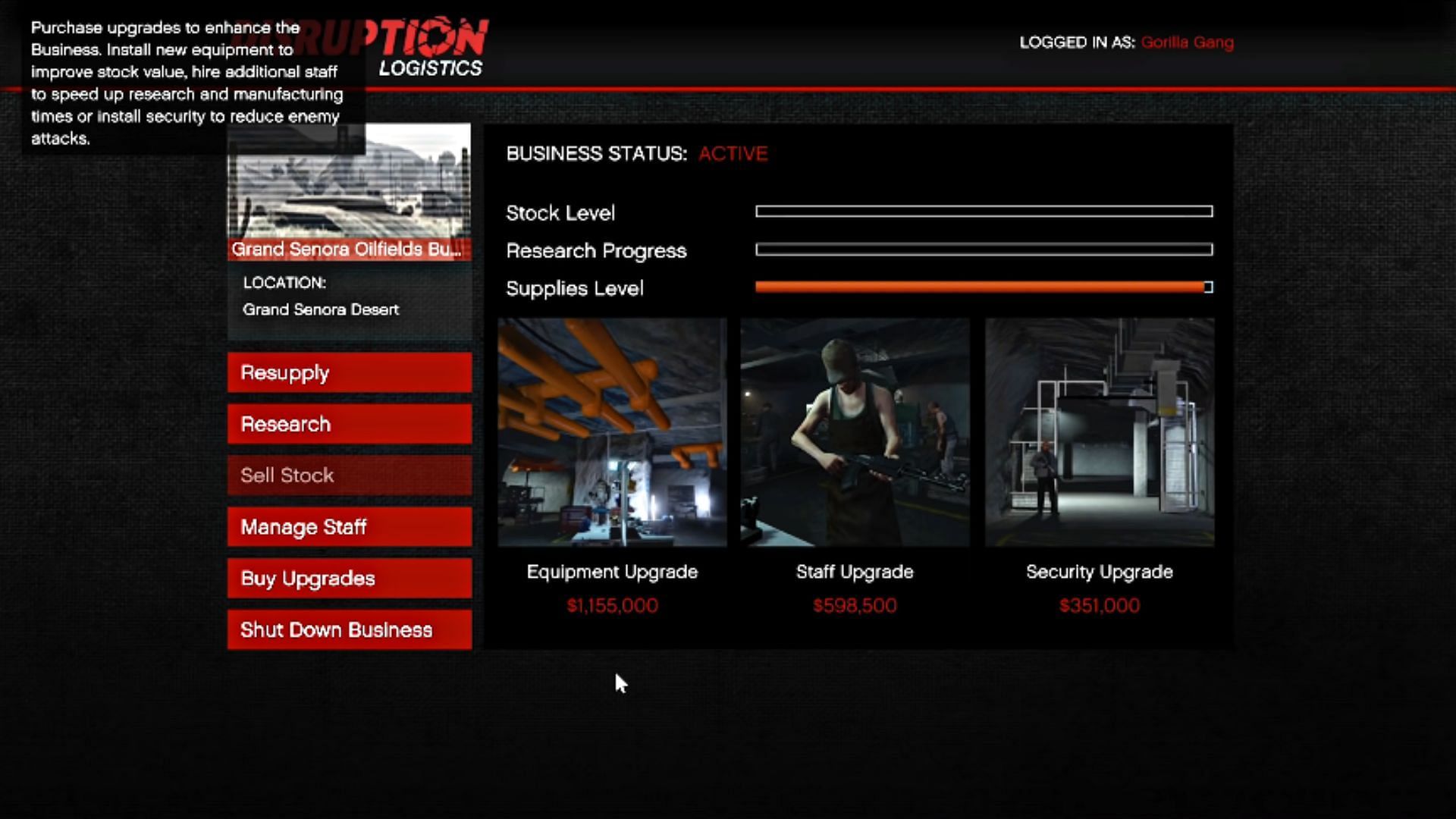 Bunker upgrades page (Image via YouTube/TGG)