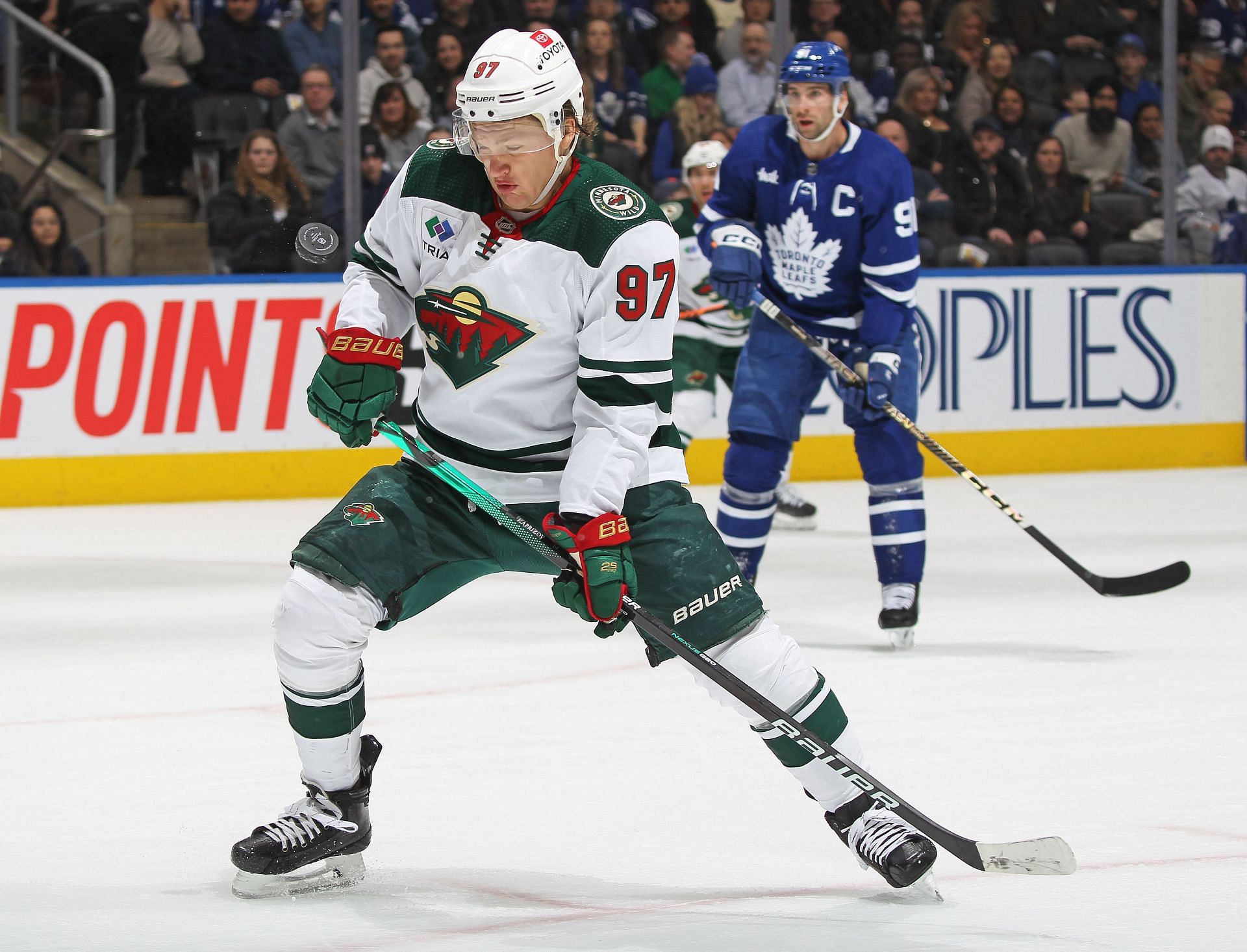 Kirill Kaprizov #97 of the Minnesota Wild blocks a puck off his chest against the Toronto Maple Leafs during an NHL game at Scotiabank Arena on February 24, 2023 in Toronto, Ontario, Canada. (Photo by Claus Andersen/Getty images)