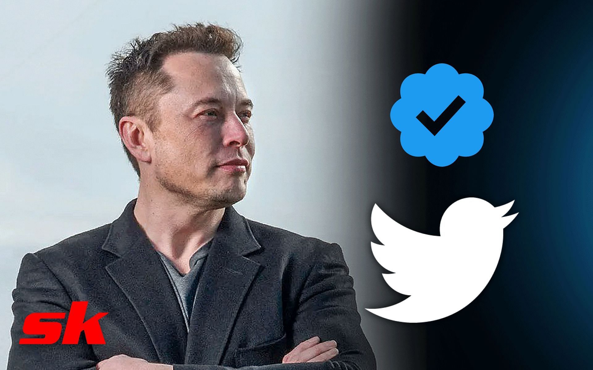 Elon Musk. [Images courtesy: Musk image from Twitter @SawyerMerritt, logo from Twitter, and blue tick image from Twitter @DavidTYork]