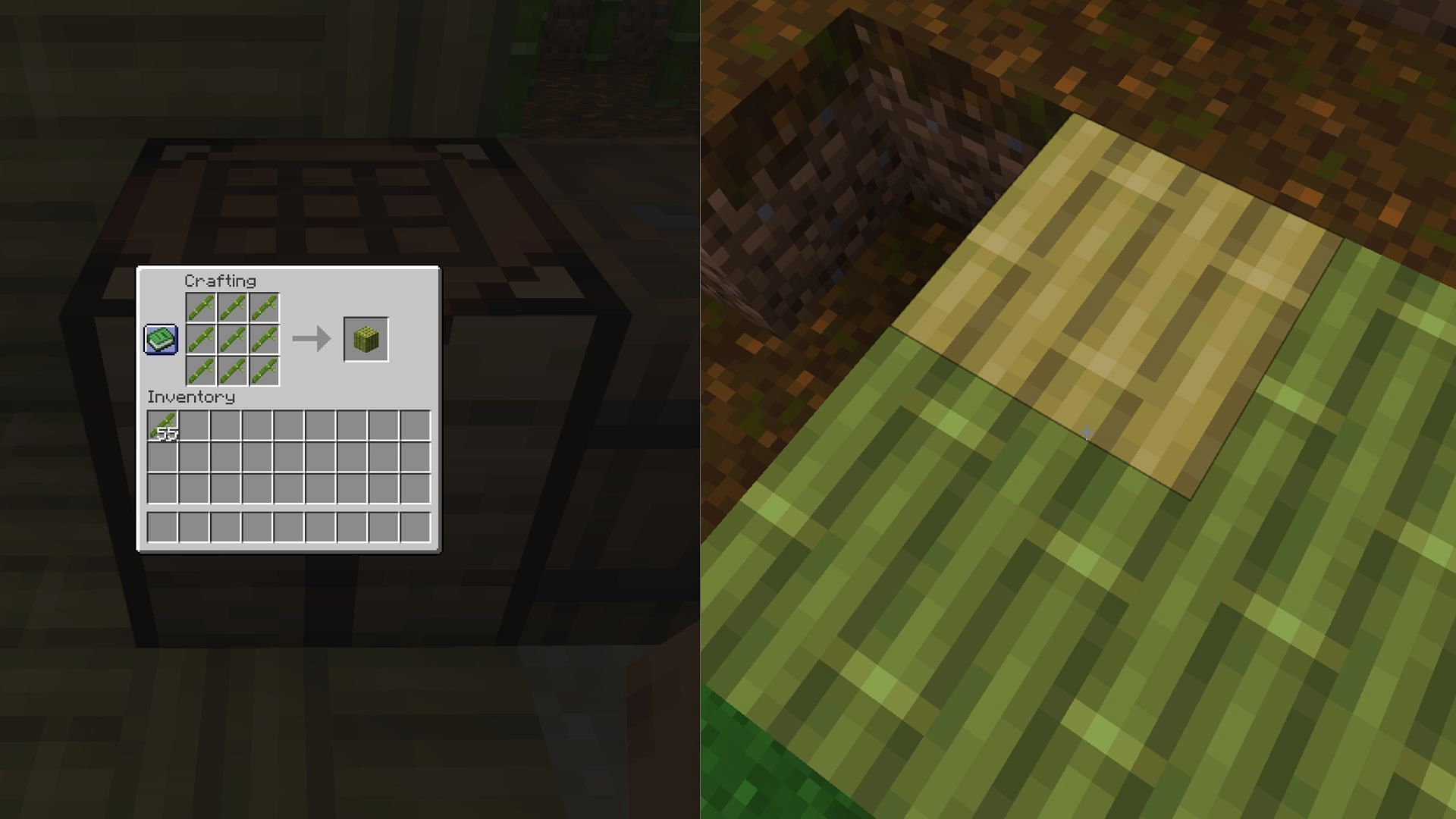 Nine bamboos in a 3x3 square in the crafting grid to make a block of bamboo (Image via Mojang)