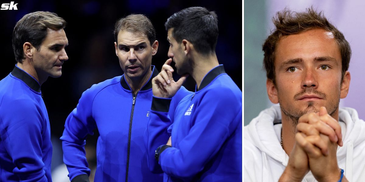 Roger Federer, Rafael Nadal, Novak Djokovic (L) and Daniil Medvedev (R)