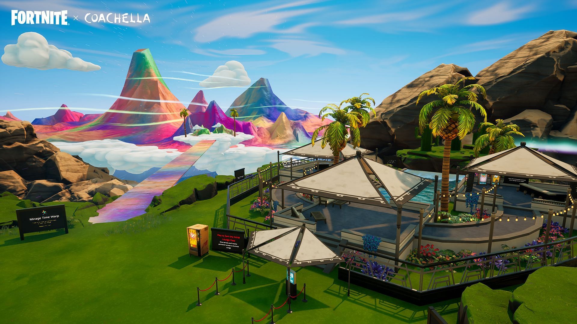 Rainbow colored mountains, why not! (Image via Epic Games and Coachella)