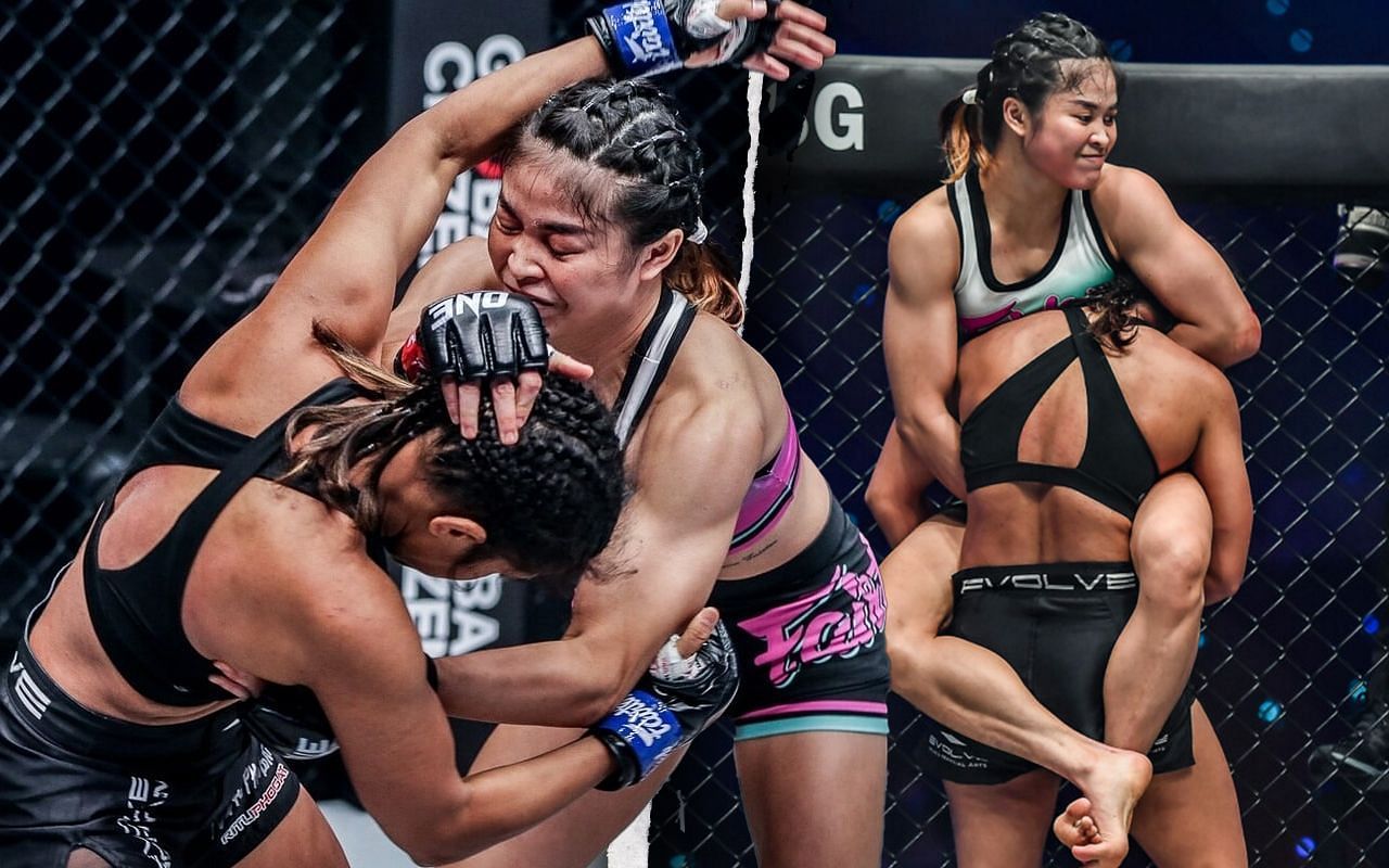 Stamp Fairtex secures a submission win over Ritu Phogat in their 2021 meeting.