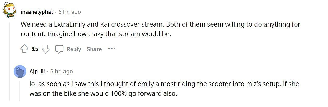 Fans suggest a Kai and ExtraEmily collab. (Image via r/LivestreamFail Reddit)