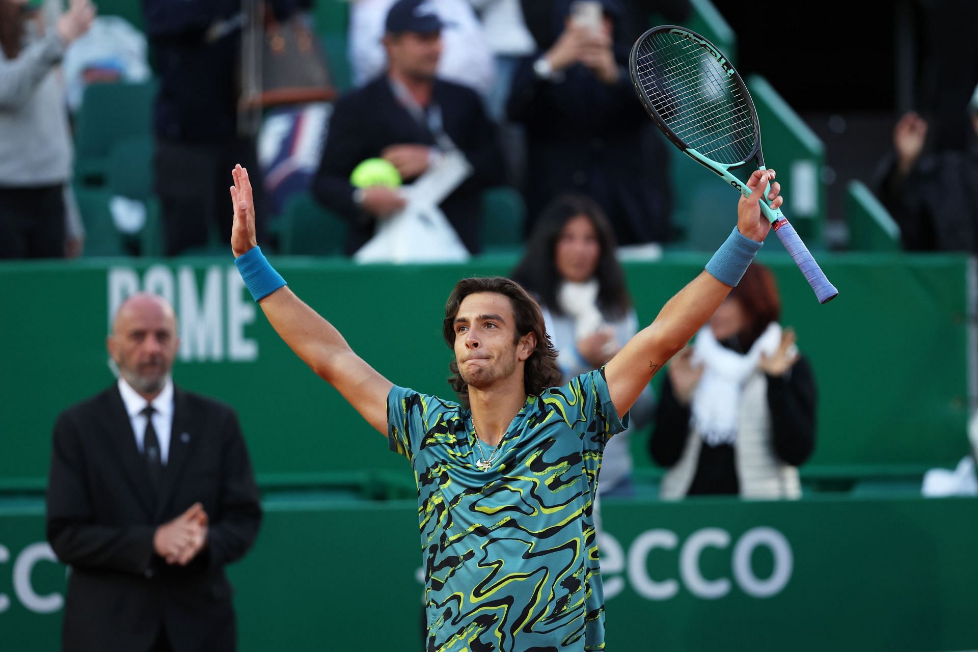 Lorenzo Musetti celebrates his win over Novak Djokovic at the Monte-Carlo Masters