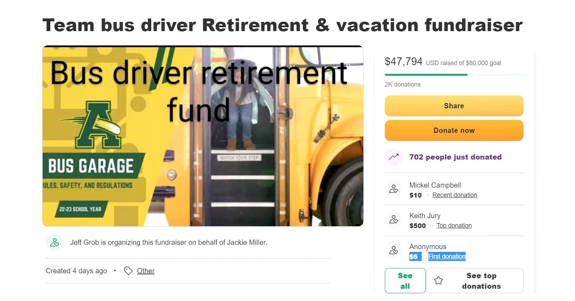 GoFundMe for bus driver (Image via snip from GoFundMe)