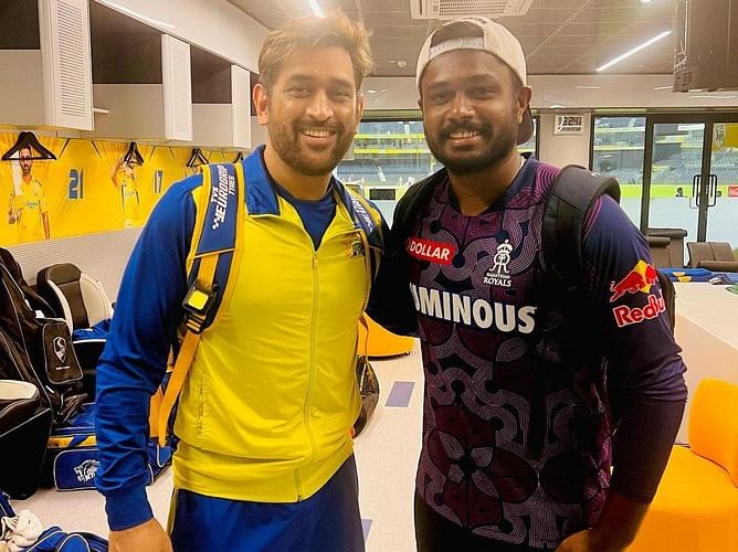 "Vathi is here"- Sanju Samson poses with MS Dhoni ahead of CSK vs RR clash in IPL 2023