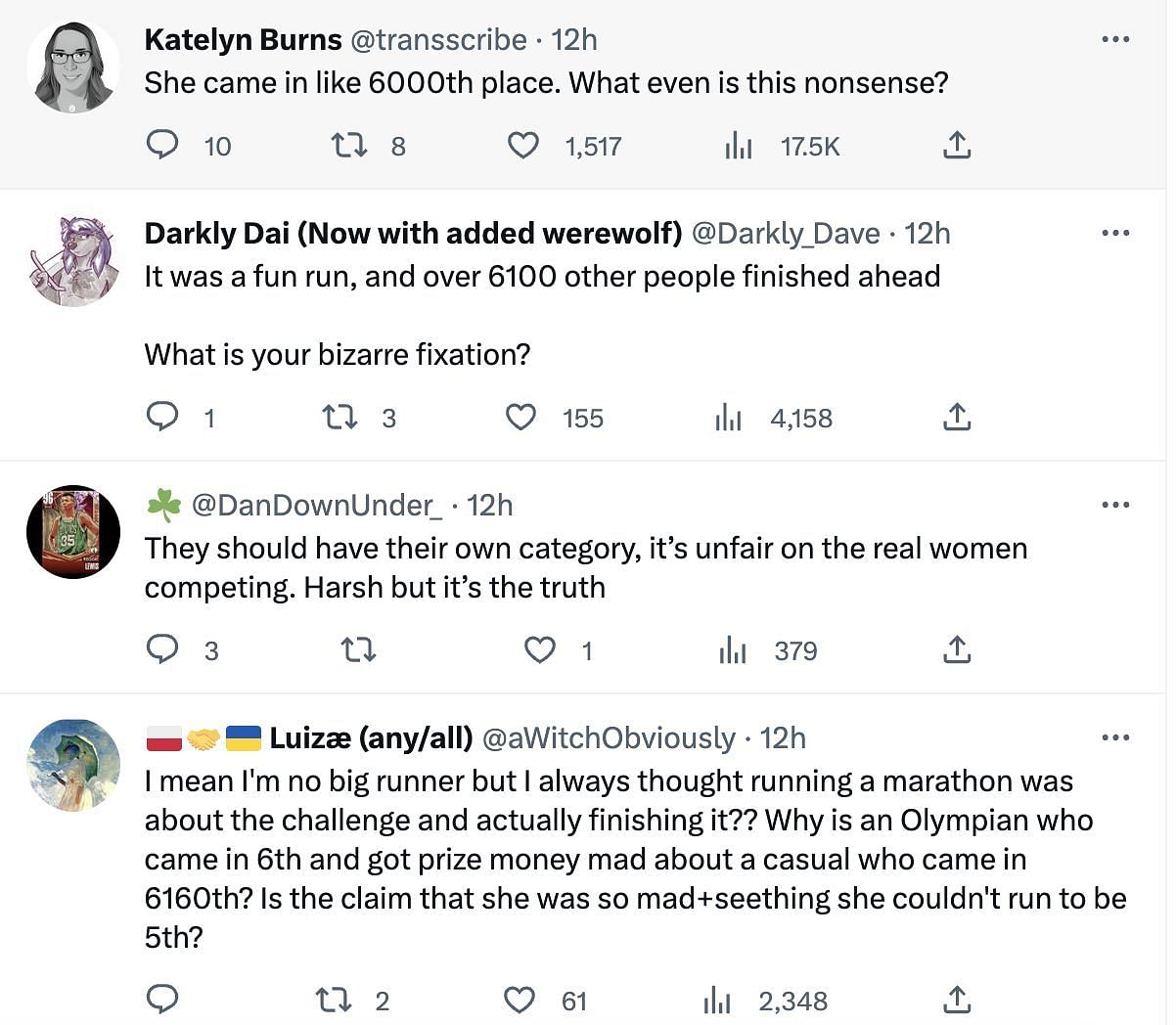 Social media users divided after a trans runner defeated 14,000 women during the London marathon in the female category. (Image via Twitter)