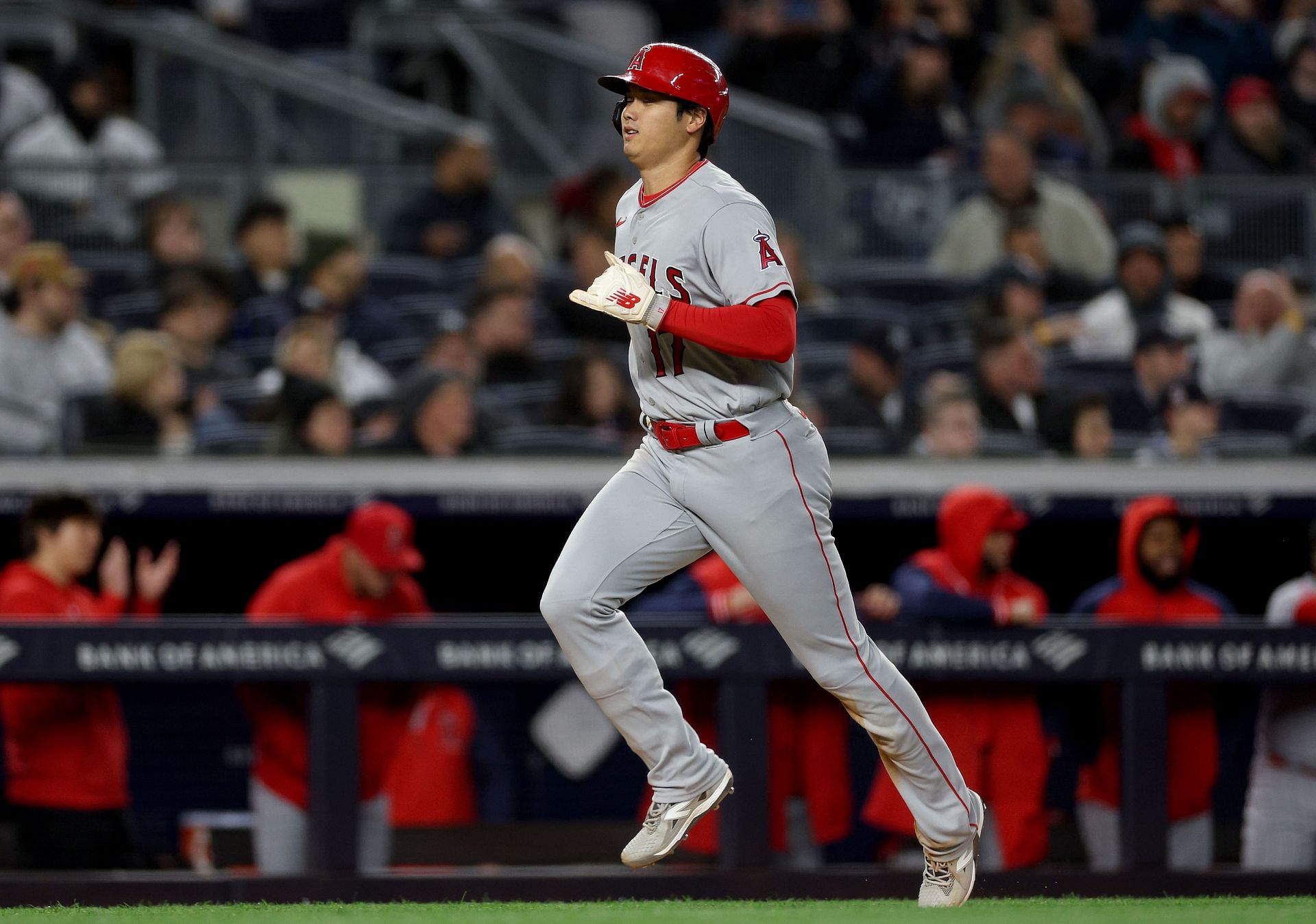 Shohei Ohtani #17 of the Los Angeles Angels scores in the fifth inning against the New York Yankees at Yankee Stadium on April 18, 2023 in the Bronx borough of New York City
