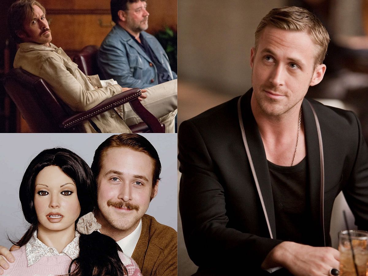 Collage of scenes depicting Ryan Gosling in The Nice Guys, Crazy, Stupid, Love and Lars and the Real Girl (images via Twitter @netflix, Michael J Cinema, Hollywood Insider)