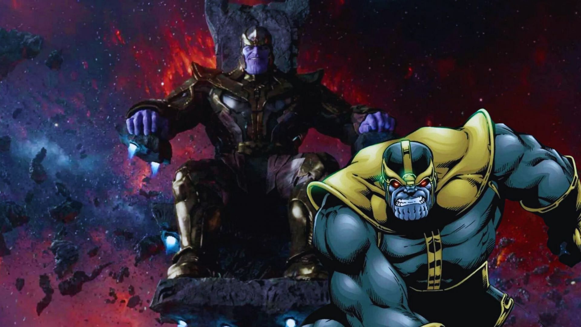 The limitless power of the comic book version with the Infinity Gauntlet compared to the more physical strength and combat skills of the MCU version (Image via Sportskeeda)