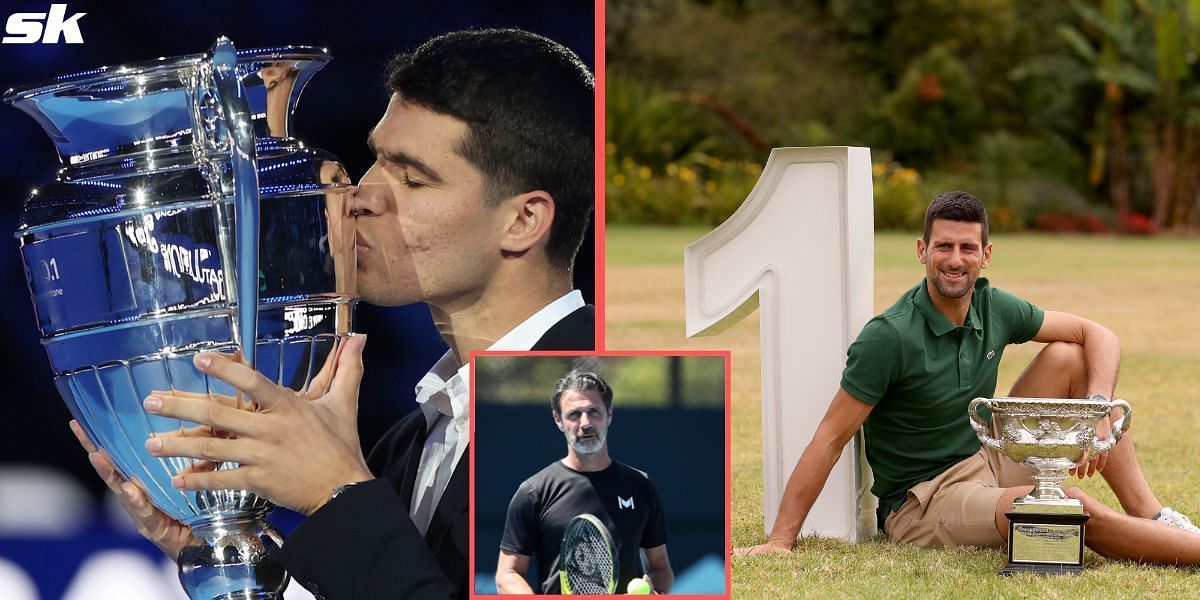 Carlos Alcaraz, Novak Djokovic and Patrick Mouratoglou