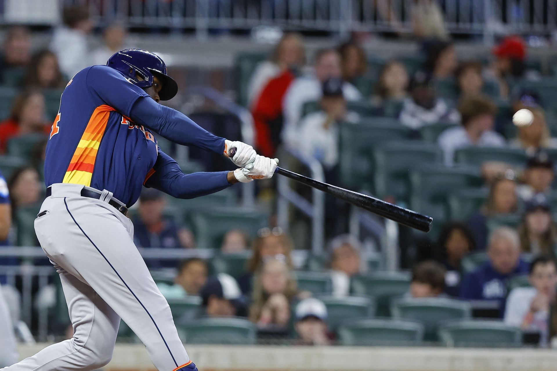 Yordan Alvarez #44 of the Houston Astros hits a two-run home run