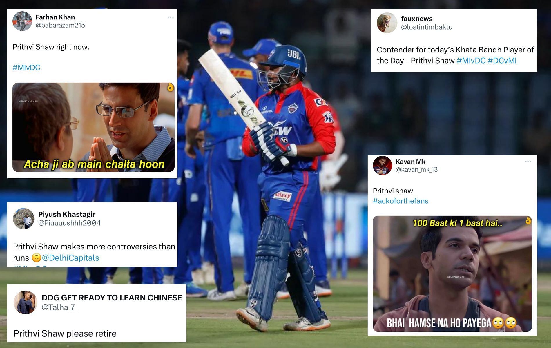 Prithvi Shaw has struggled for form in IPL 2023. (Pics: IPLT20.com/Twitter)