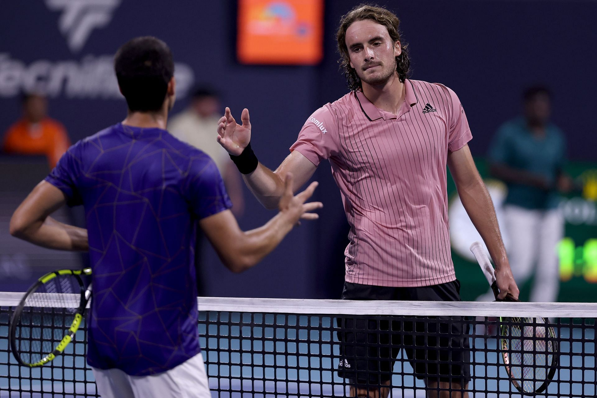 Carlos Alcaraz and Stefanos Tsitsipas at the 2022 Miami Open.